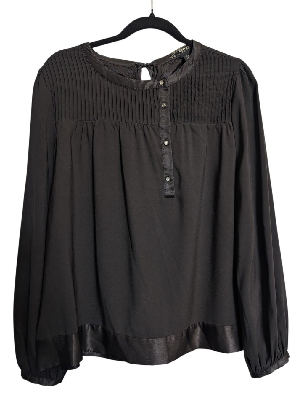 Vintage Vertigo Paris Black Pleated Satin Trim Blouse Whimsigoth Sz L 90's